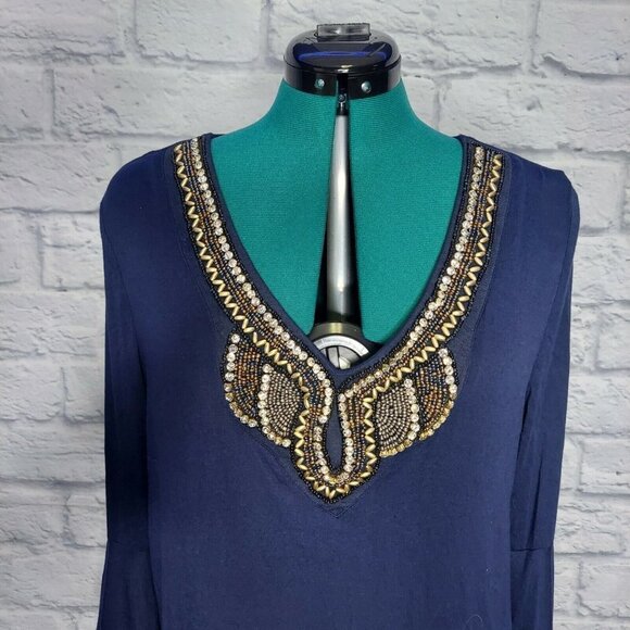 ROAMANS Womens Navy Blue Beaded Neck Bell Slerve Tunic Sz 14/16 - Picture 2 of 8